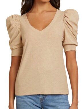 Nation Celine Top Blouse Shirt Smocked Puff Sleeve Ruched Tan M NWOT